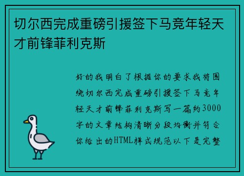 切尔西完成重磅引援签下马竞年轻天才前锋菲利克斯